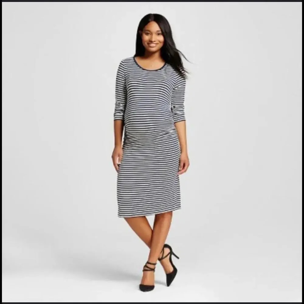 Liz Lange Maternity Women's Navy Blue and White Striped Midi Dress Size Large